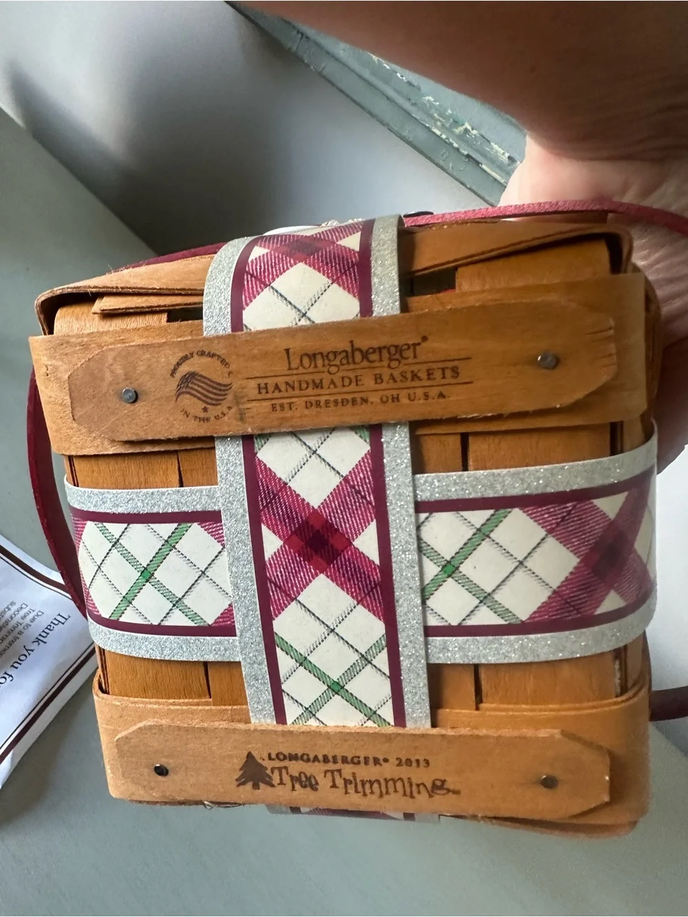 Longaberger my small plaid tidings tree trimming basket bow lid